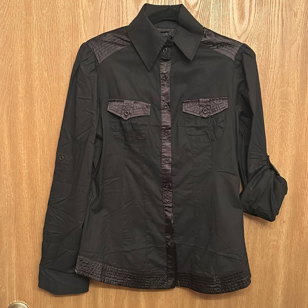 Aziz Black Satin Trimmed Casual Button Down Long Sleeve Top with Pockets Size L